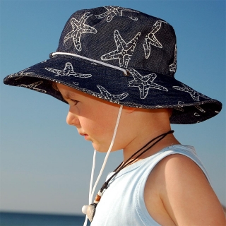 SEESTERN Kinder Sonnenhut Strand Kopfbedeckung Sonnenschutz aus Jeans / Canvas Dunkel Blau Jeans