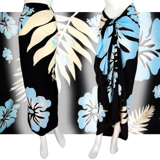 Sarong Pareo Wickeltuch Wickelrock Batik Tuch Hibiscus Blumen /1240 Schwarz_Hellblau