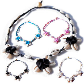Seestern Halskette Modeschmuck aus Kauri Muscheln & geflochtenem Halsband/120 Diverse_ 5 Stueck