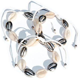 SEESTERN Kauri Muschel Armband / Armbänder Surfer Shell Bracelet /2009 Weiß_Silber_3 Stueck