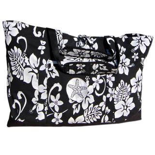 SEESTERN  große stabile Hibiscus Muster Strandtasche Beachbag Bade Trage Tasche /2300 Schwarz