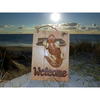 Seestern Deko Teak Holz Haustr Tr Schild Welcome mit Gecko Motiv 40 x 30 cm /1614