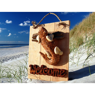 Seestern Deko Teak Holz Haustr Tr Schild Welcome mit Gecko Motiv 40 x 30 cm /1614