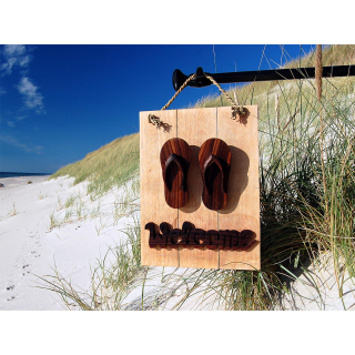 Seestern Deko Teak Holz Haustr Tr Schild Welcome mit Sandalen Motiv 40 x 30cm /1612